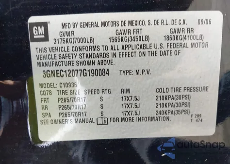 2007 Chevrolet Avalanche 1500 Lt z USA, uszkodzony, nr VIN 3GNEC12077G190084